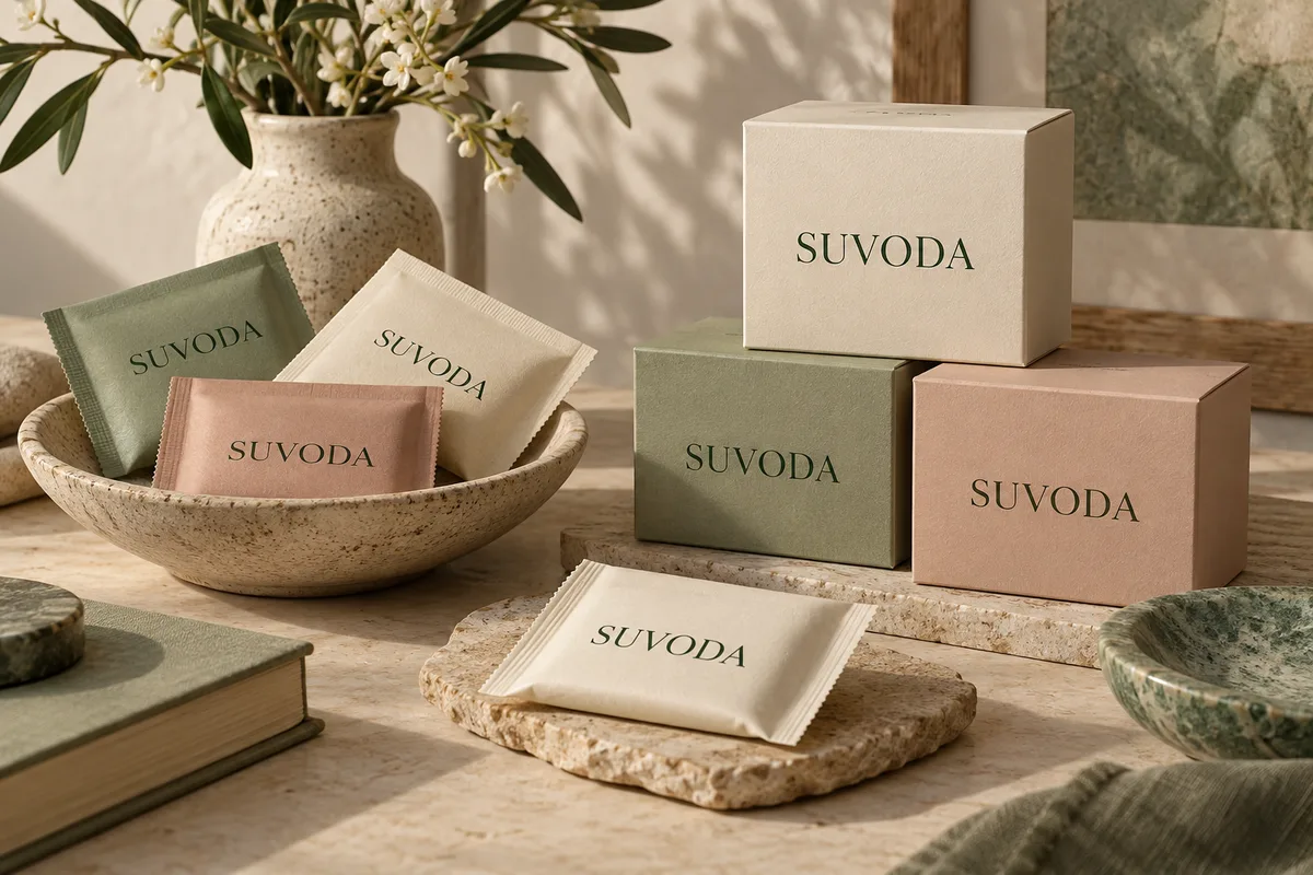 SUVODA paper sleeves and boxes arranged on a design table