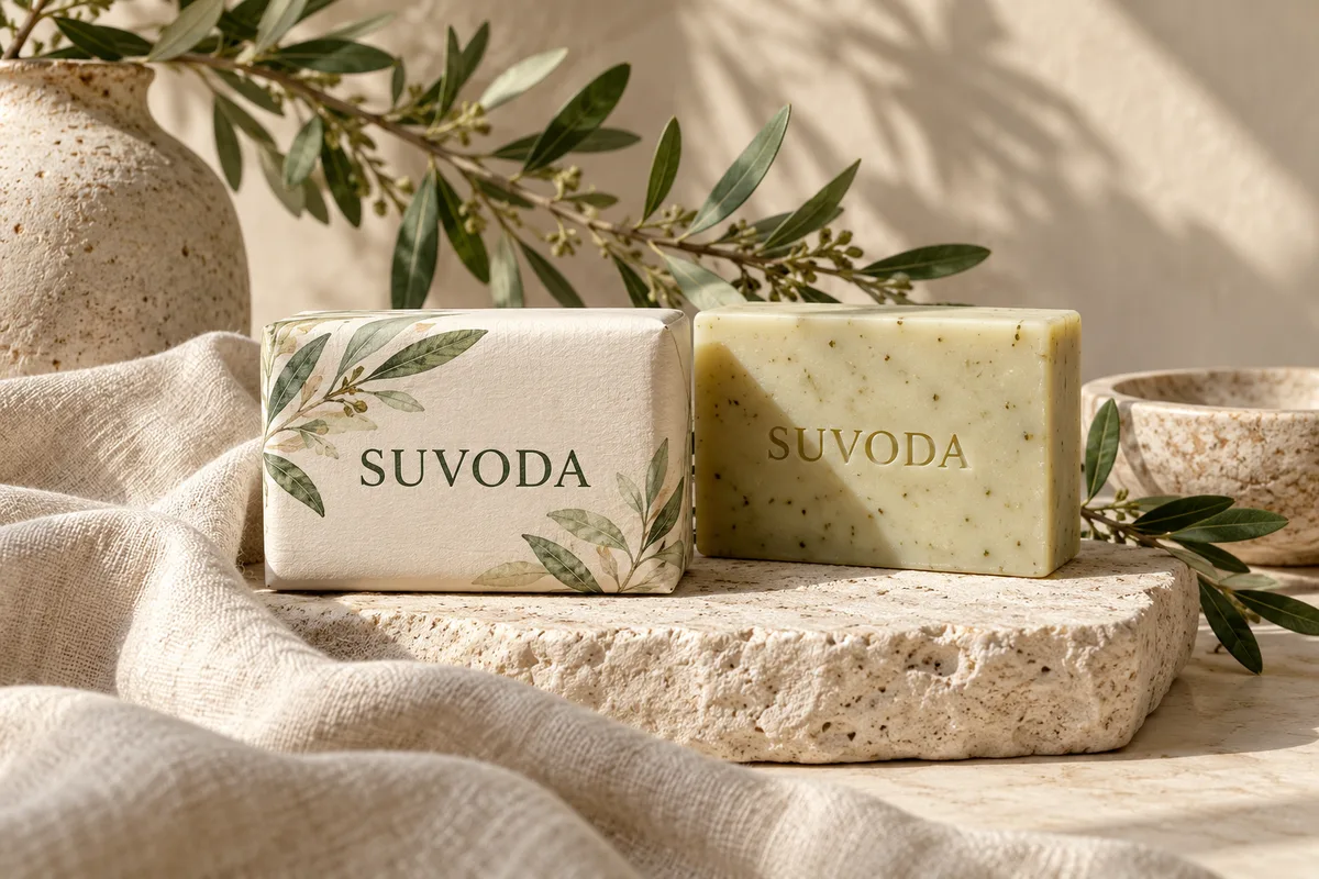 A considered soap still life with botanical elements
