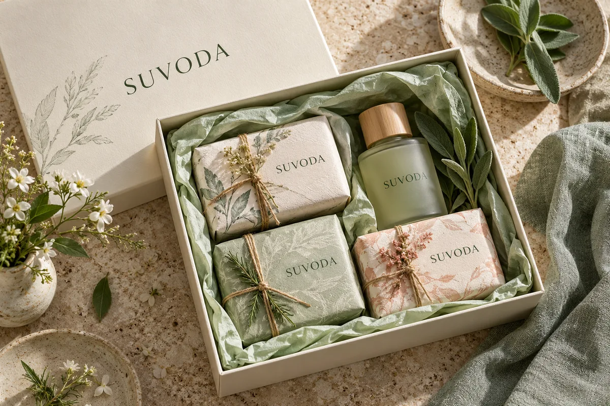 A thoughtful SUVODA soap gift box with tissue paper and ribbon